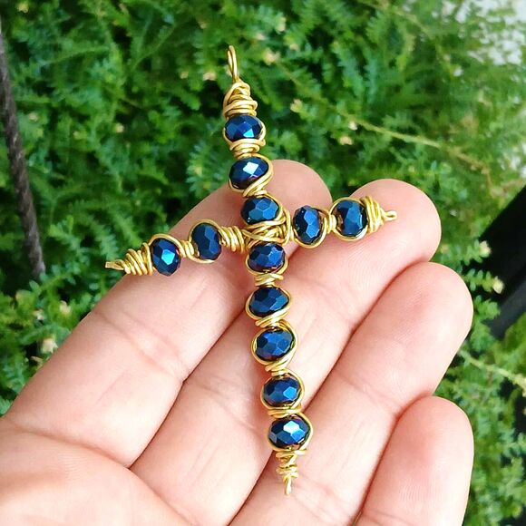 Cobalt Faceted Glass Beaded Cross Pendant, Wire Wrapped Pendant, 3" - Picture 1 of 3